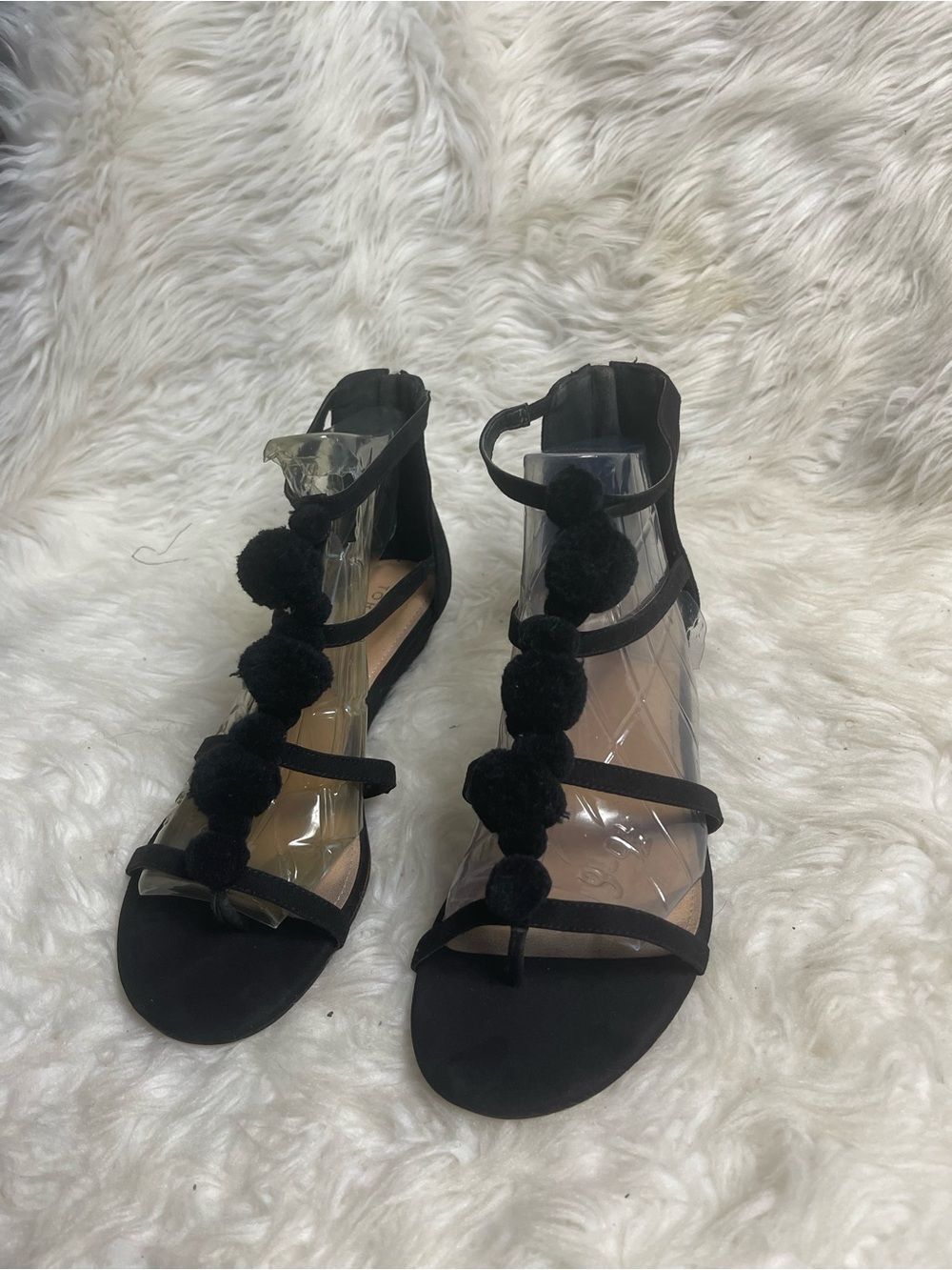 Torrid synthetic suede Black Pom-Pom Strappy Gladiator Sandals back zipper SZ11W